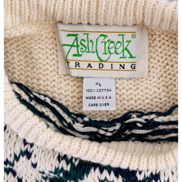 Ash Creek Trading XL Fair Isle Sweater 100% Cotton Ivory & Navy Diamond Pattern - Picture 2 of 5